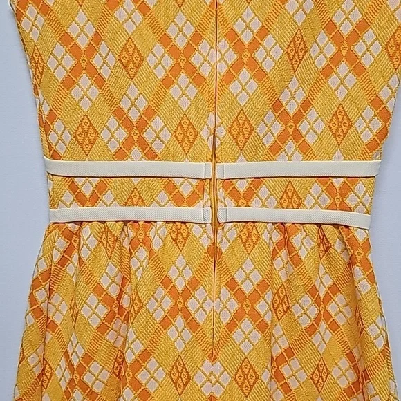 Patty Woodard Vtg 70's argyle dress, yellow orange white, SL, fitted, A-line - Picture 5 of 10
